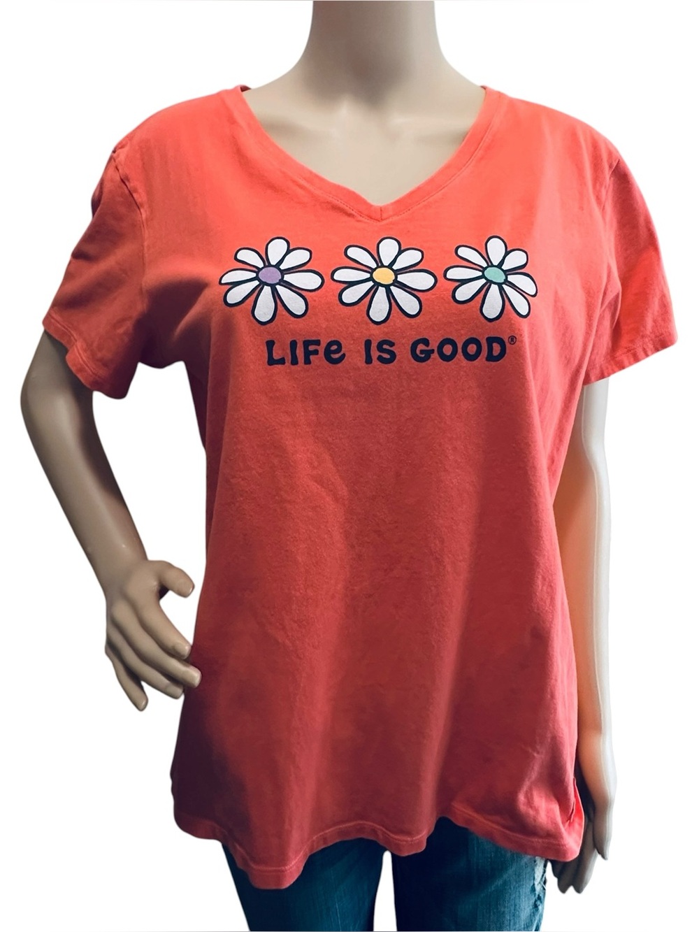 Life is Good Women Short Sleeve Crusher V-neck 3 Daisy Orange Sz XL